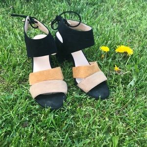 Black and Tan/brown open toed heels.